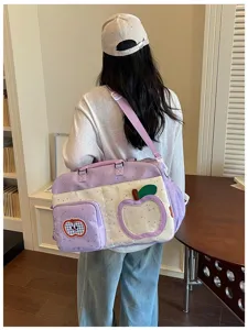 Casual large capacity travel duffel bag with cute apple design, stylish shoulder crossbody bag.