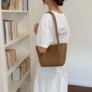 Minimalist woven leather tote bag for women, stylish brown shoulder bag with intrecciato design