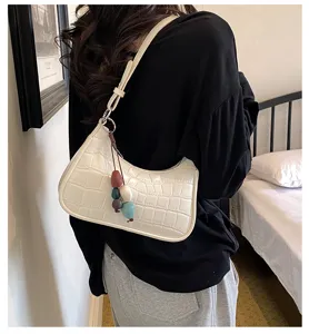 Stylish white crocodile pattern shoulder bag for women, trendy underarm hobo bag with cute beads.
