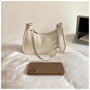 Detailed shot of white crocodile pattern underarm shoulder bag with silver chain accessory.