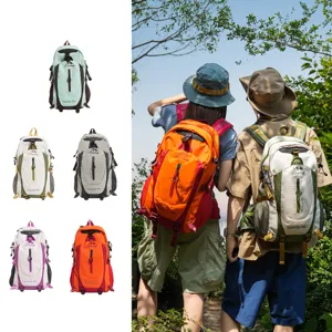 Outdoor hiking backpack detail view showcasing multi-color options and functional 40L capacity.