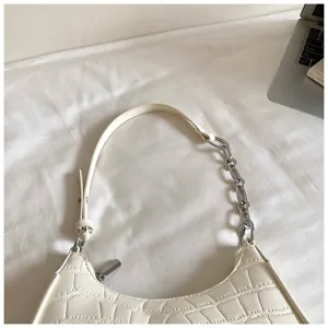 White crocodile pattern underarm bag detail, chic shoulder bag with metal chain.