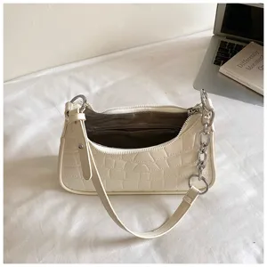 Chic crocodile pattern PU leather baguette shoulder bag for women, trendy minimalist daily purse.