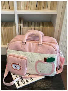 Cute apple print large capacity travel duffel bag detail, casual pink shoulder bag.