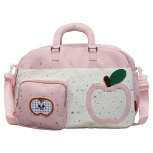 Pink star pattern travel duffel bag with cute apple pocket for casual sports and daily use