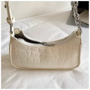 Chic white crocodile pattern baguette shoulder bag, minimalist casual PU underarm bag.