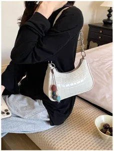 Fashion women underarm bag stylish white PU leather shoulder handbag with chain and charms
