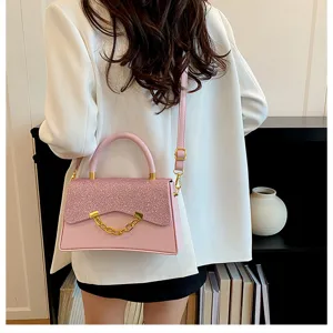 Stylish pink glitter flap shoulder bag, trendy Korean niche design crossbody bag detail view.