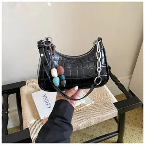 Black crocodile pattern shoulder underarm bag with metal chain and cute bead pendant.