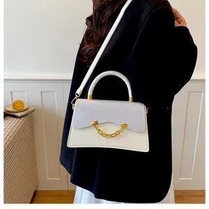 Korean style minimalist small square bag with glitter flap, top handle and crossbody strap.