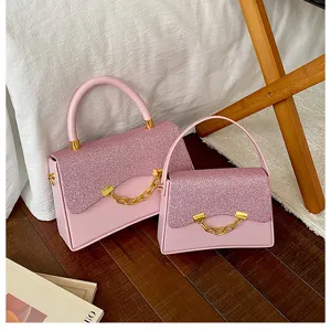 Pink glitter small square bag, stylish top-handle handbag and chic shoulder crossbody bag.