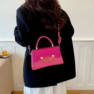 Trendy pink glitter flap small square bag with gold chain, stylish crossbody and shoulder handbag for women.