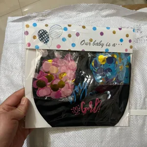 Gender reveal balloon set with black latex balloon, confetti, and header card for parties.