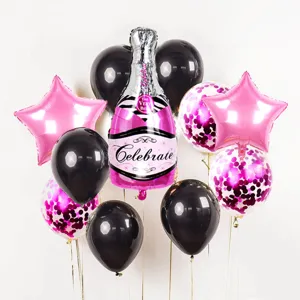 Party-Ballon-Set mit Champagnerflaschen-Folienballon und Stern-Konfetti-Latexballons.