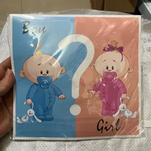 Gender reveal party decorative card with cute baby illustrations in blue and pink designs.