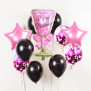 Geburtstag Party Ballon Set mit Sektglas Folienballon und schwarzen rosa Latex Ballon