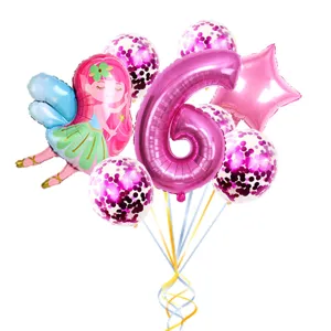 Pink number 6 fairy balloon set for girls birthday party decorations, cute foil confetti balloons.