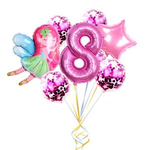 Detailed shot of pink fairy number 8 balloon set for girls birthday party decoration.