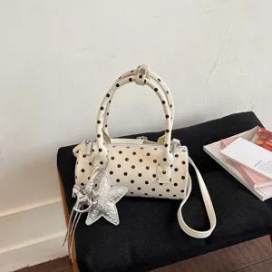 Sac Polochon à Pois pour Femmes en Cuir PU Cylindre Sac Bandoulière Design Niche Cousu Sac à Main Épaule Avec Pendentif Étoile