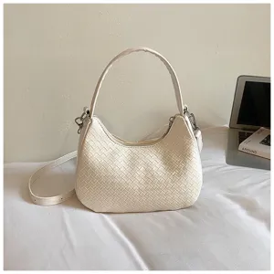Elegant Woven Crescent Shoulder Bag Minimalist Solid Color PU Leather Hobo Crossbody Bag