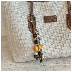 Vue détaillée du sac cabas tressé beige élégant avec breloque et poignées en cuir marron.