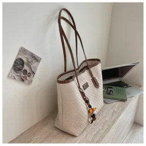 Sac cabas tissé élégant pour femmes, grand sac d'épaule décontracté d'été pour le travail quotidien.