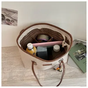 Femme été loisir grande capacité sac cabas tissé, élégant sac à main bandoulière de travail.