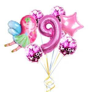 Cute fairy number 9 balloon set pink star confetti balloons for girl birthday party decor