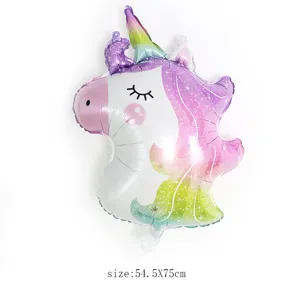 Close-up detail of the colorful macaron unicorn foil balloon, perfect for party decor.