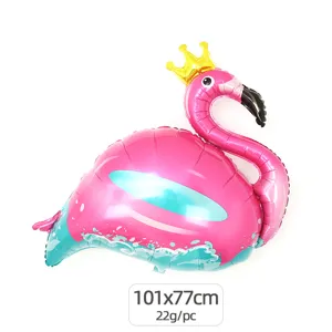 Large pink flamingo aluminum foil balloon with gold crown, perfect for birthday party decor.