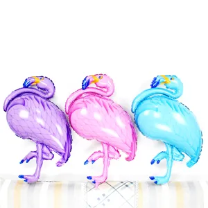 Large flamingo foil balloons in purple, pink and blue, ideal for party and wedding decor.