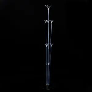 Transparent plastic balloon stand detail, multi-rod holder rack for party decor layout display.