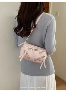 Roze punk stijl cilinder schoudertas met ritsen en bandjes, chique dagelijkse handtas.