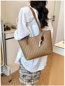 Borsa Tote Intrecciata Marrone Donna Elegante Ecopelle Borsa a Spalla Estiva Moda