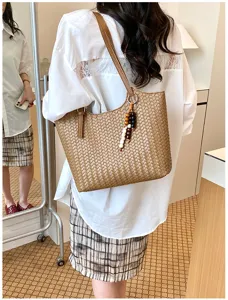 Borsa tote intrecciata casual moda estiva da donna, elegante borsa a spalla tinta unita.