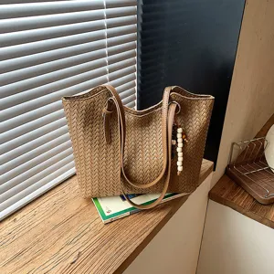 Moda PU Intrecciata Borsa Tote Spalla Minimalista Borsa Sottobraccio Con Perline di Legno Ciondolo Nappa Grande Capacità Per Donna