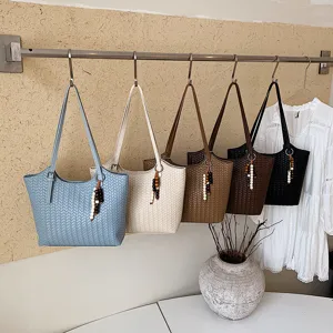 Borsa shopper intrecciata in pelle PU da donna, elegante borsa a spalla tinta unida.