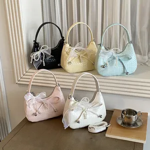 Chic woven hobo shoulder bag set with cute pearl mesh bow, stylish underarm crossbody bag.