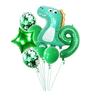 Green dinosaur theme balloon set featuring number 9 and cute foil balloons for party.