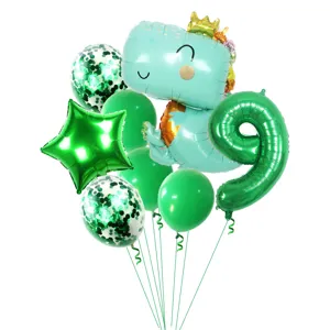 Green dinosaur balloon set with number 9 and star for kids birthday party decoration.