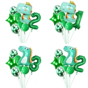 Green Dinosaur Foil Balloon Set Crown Cute Animal Number Balloons For Kids Birthday Party Decorations Event Supplies