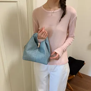 Modische lässige Damenhandtasche, hellblaue Stoff-Knotengriff-Tasche für den Alltag.
