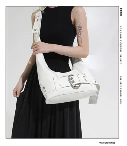 Vintage white motorcycle shoulder bag for women, trendy niche underarm tote with large capacity.
