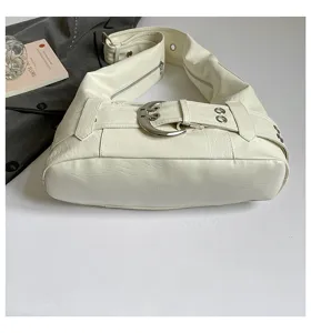 Retro motorcycle style hobo shoulder bag for women, trendy PU leather large capacity tote.