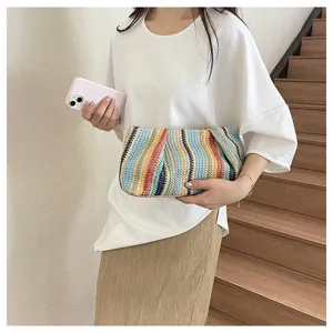 Colorful rainbow straw clutch bag for women, trendy summer beach vacation dumpling handbag.
