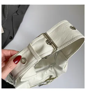 White PU leather shoulder bag detail, vintage motorcycle style chic purse with metal hardware.