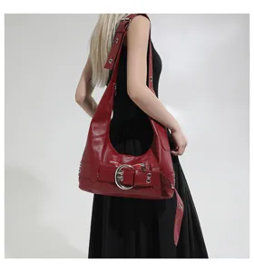 Vintage red hobo shoulder bag for women, edgy punk moto style large capacity tote purse.
