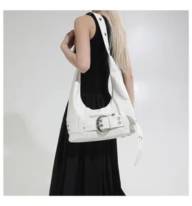 Detail view of white PU hobo shoulder bag with metal buckle and zipper pocket for women.