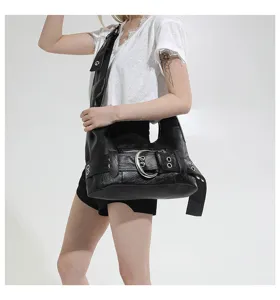 Black PU leather hobo shoulder bag with striking metal buckle, trendy Y2K motorcycle style.