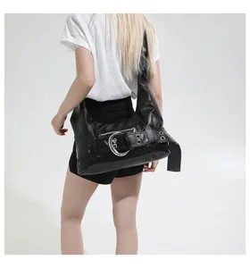 Retro Y2K Black PU Leather Hobo Shoulder Bag Large Capacity Motorcycle Chic Women Bag